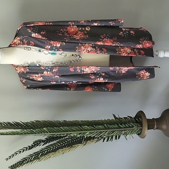 MOA Collection gray cardigan with coral & turquoise floral print-RUNS SMALL - Picture 1 of 13